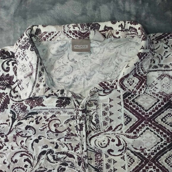 Chicos women's 3 White & Brown Short Sleeve Collared Abstract Summer T-Shirt - Picture 8 of 12